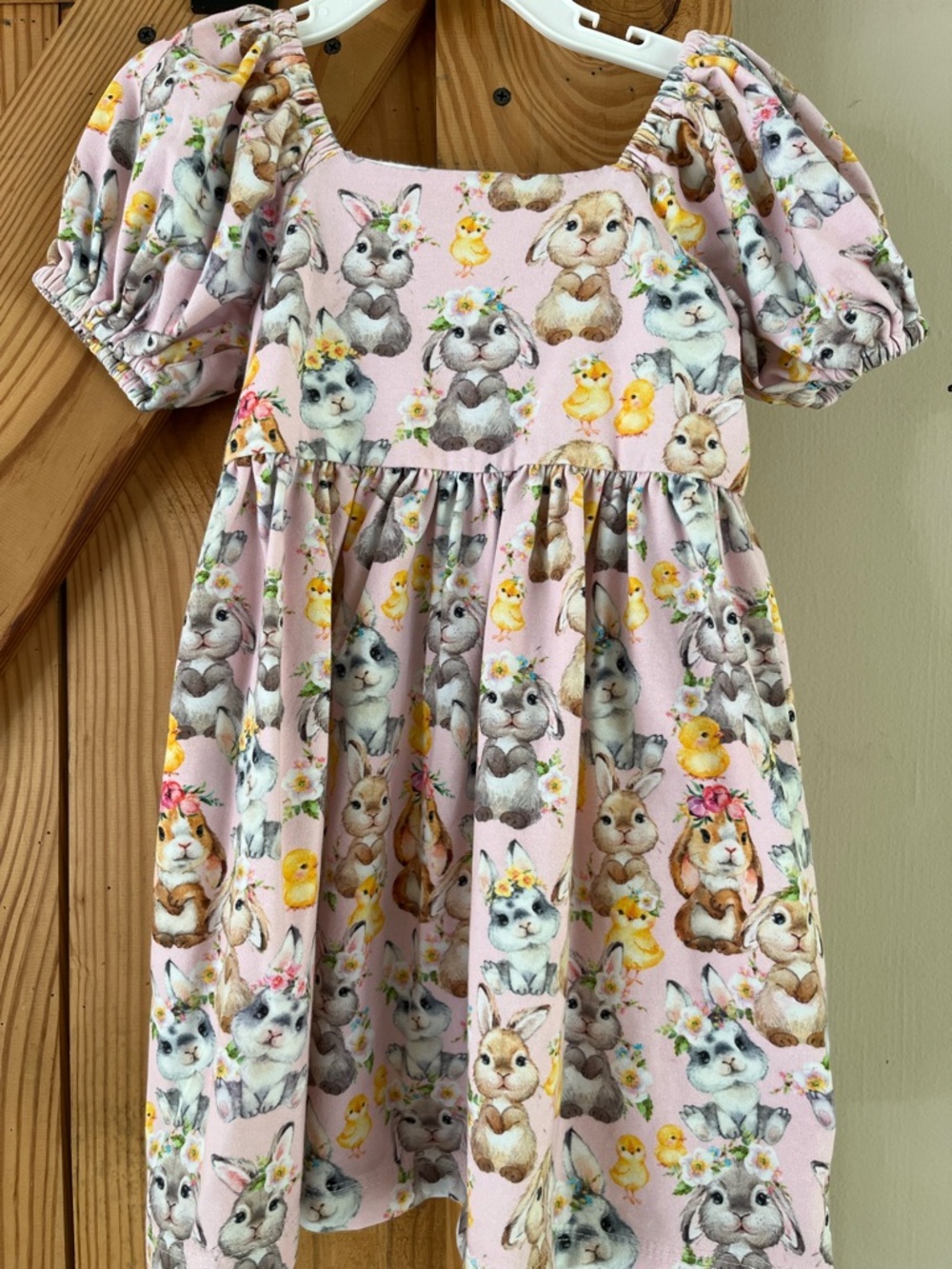 Pink Bunny & Chick Print Puff-Sleeve Kids Casual Dress